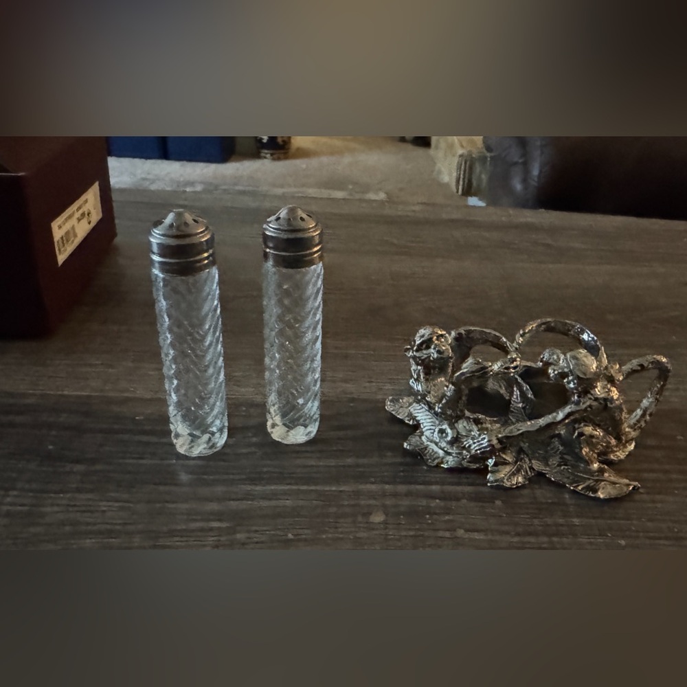 Arthur Court Silver Salt and Pepper Shakers with Floral Napkin Holder